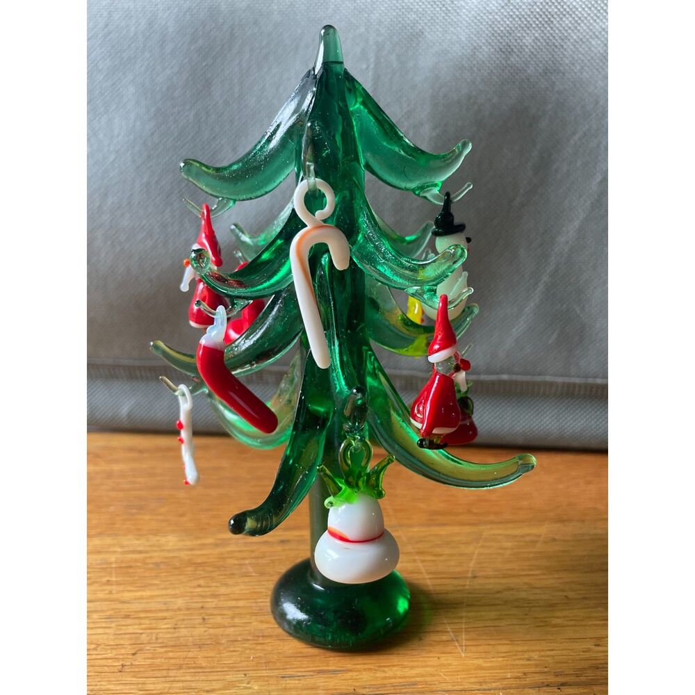Hand Blown Art Glass Christmas Tree 12 Mini Glass Ornaments 6" w/ Sears Box